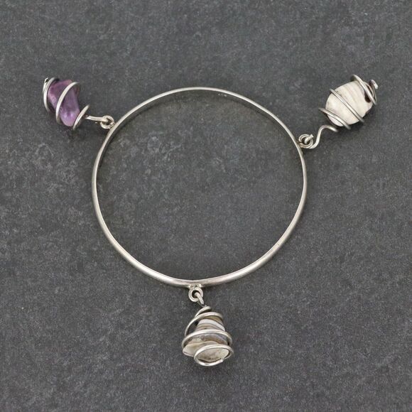 Purple Amethyst Agate Dangle Crystal Bangle | Vintage Sterling Silver 925 | 8.5" - Picture 1 of 13